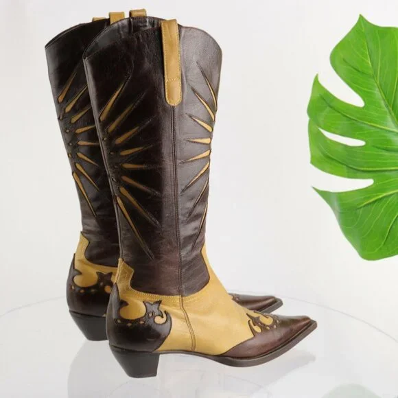 L'Autre Chose Western Womens Boot Size 36 6  Brown Tan Leather Pointed Sunburst - Picture 4 of 12